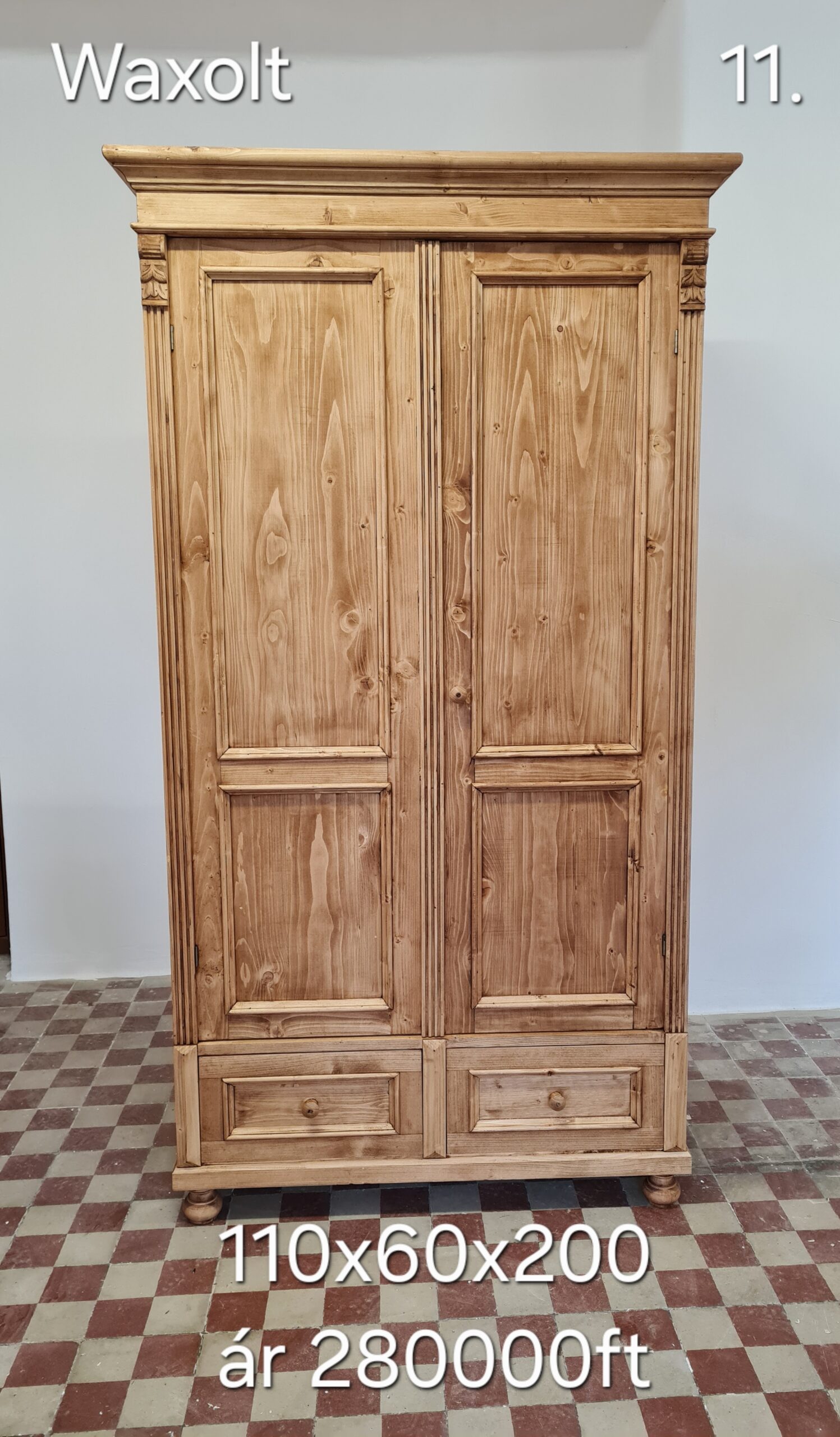 F. Ruhásszekrény díszes, 2 kis fiók, válfás 110x60x200cm – új készítésű - Image 4