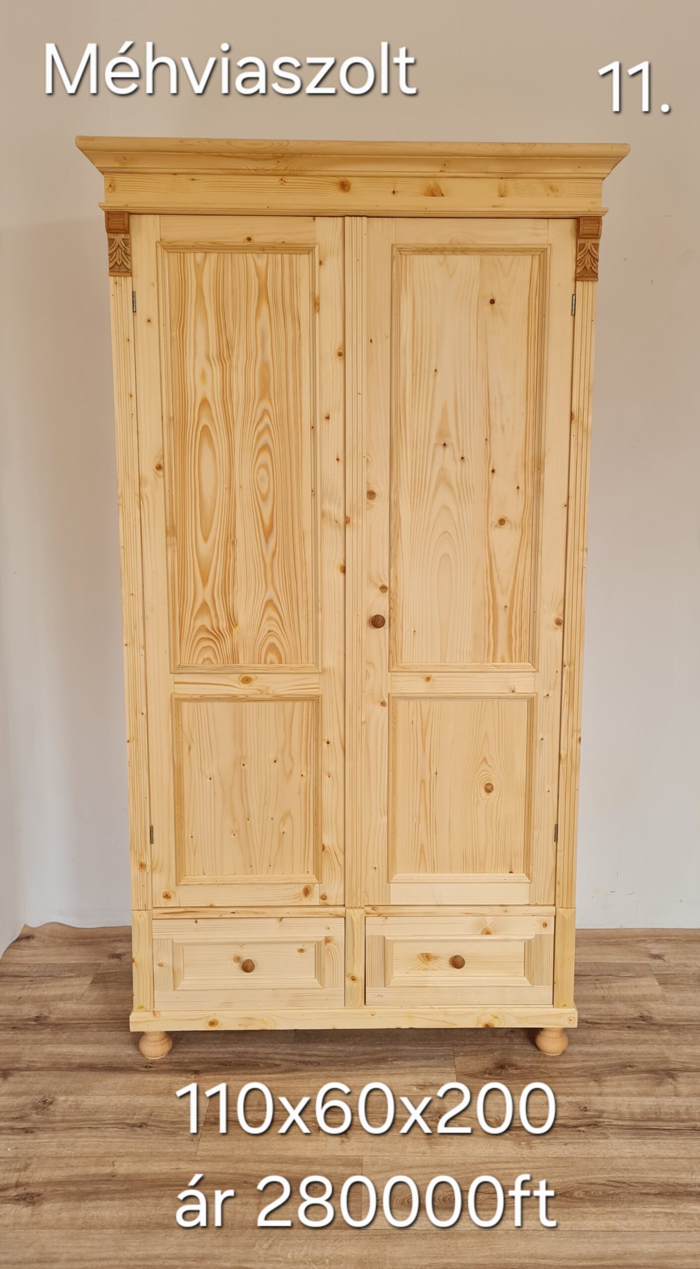 F. Ruhásszekrény díszes, 2 kis fiók, válfás 110x60x200cm – új készítésű - Image 6