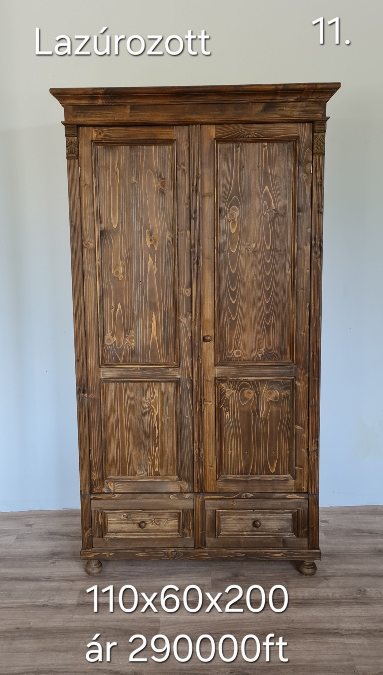 F. Ruhásszekrény díszes, 2 kis fiók, válfás 110x60x200cm – új készítésű - Image 8