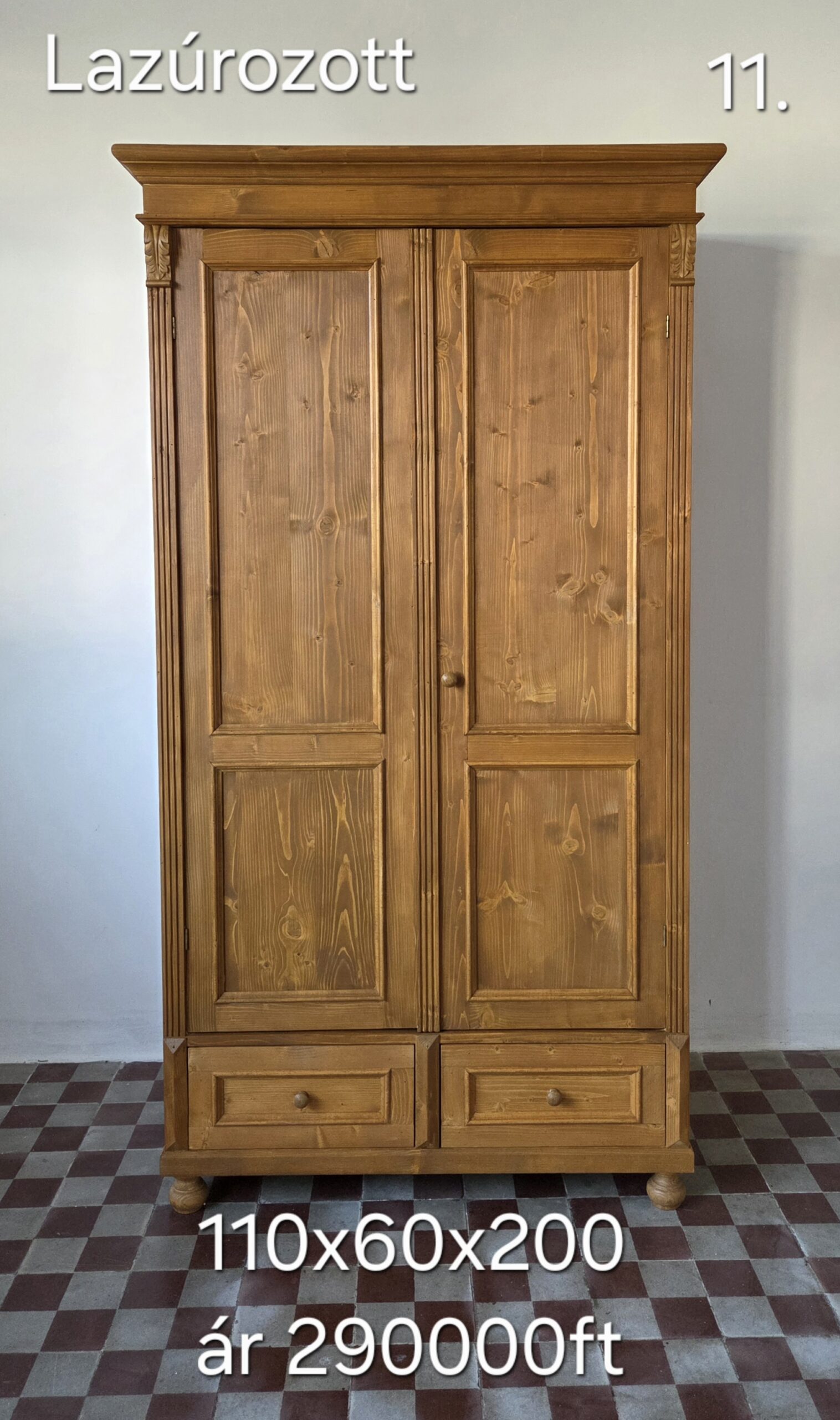 F. Ruhásszekrény díszes, 2 kis fiók, válfás 110x60x200cm – új készítésű - Image 10